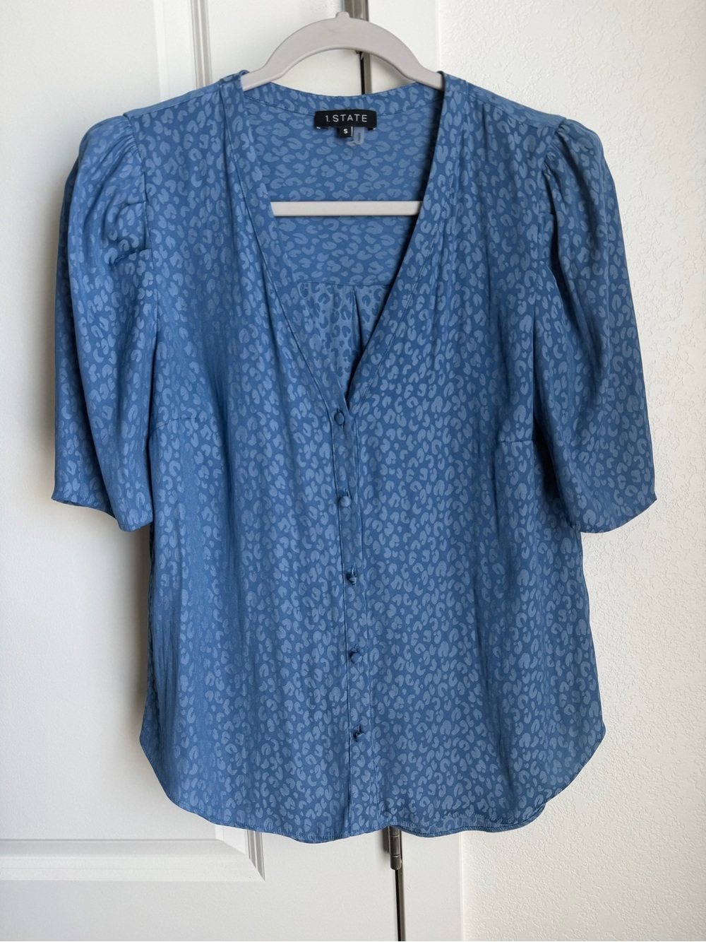 1. State Blue Button-Front V-Neck Short Puff Sleeve Blouse